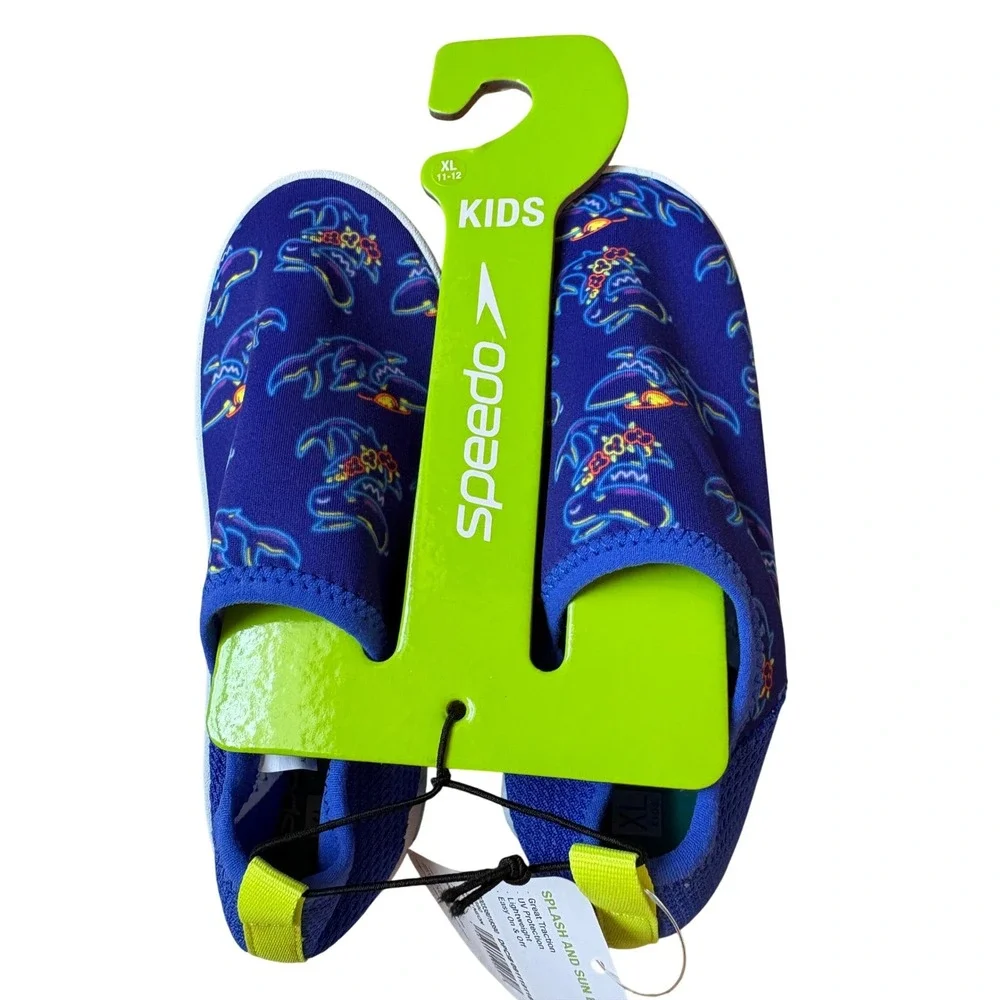 Speedo Splash and Sun Bootie Kids XL 11-12 Navy Neon Shark Water Shoes NEW
